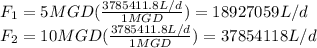 F_1 = 5 MGD (\frac{3785411.8 L/d}{1MGD} ) = 18927059 L/d\\F_2 =10 MGD (\frac{3785411.8 L/d}{1MGD} )= 37854118 L/d