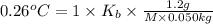 0.26^oC=1\times K_b\times \frac{1.2 g}{M\times 0.050 kg}