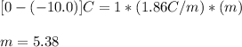 [0-(-10.0)] C= 1*(1.86 C/m) *( m)\\\\m = 5.38