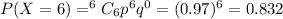 P(X=6)=^6C_6p^6q^0=(0.97)^6=0.832