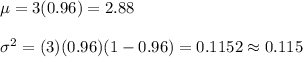 \mu=3(0.96)=2.88\\\\\sigma^2=(3)(0.96)(1-0.96)=0.1152\approx0.115