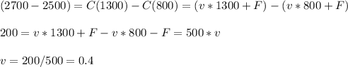 (2700-2500)=C(1300)-C(800)=(v*1300+F)-(v*800+F)\\\\200=v*1300+F-v*800-F=500*v\\\\v=200/500=0.4