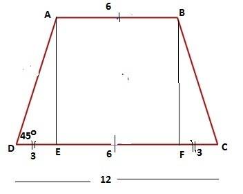 An isosceles trapezoid has base angles equal to 45 and bases of lengths 6 and 12. find the area of t