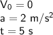 \mathsf{V_0 = 0}\\ \mathsf{a = 2 \ m/s^2}\\ \mathsf{t = 5 \ s}