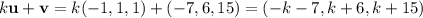 k\mathbf u+\mathbf v=k(-1,1,1)+(-7,6,15)=(-k-7,k+6,k+15)