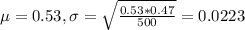 \mu = 0.53, \sigma = \sqrt{\frac{0.53*0.47}{500}} = 0.0223