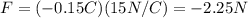 F=(-0.15 C)(15 N/C)=-2.25 N