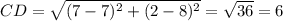 CD=\sqrt{(7-7)^2+(2-8)^2}=\sqrt{36}=6
