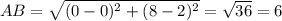 AB=\sqrt{(0-0)^2+(8-2)^2}=\sqrt{36}=6