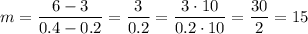 m=\dfrac{6-3}{0.4-0.2}=\dfrac{3}{0.2}=\dfrac{3\cdot10}{0.2\cdot10}=\dfrac{30}{2}=15