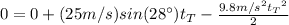 0=0+(25 m/s)sin(28\°) t_{T}-\frac{9.8m/s^{2}{t_{T}}^{2}}{2}