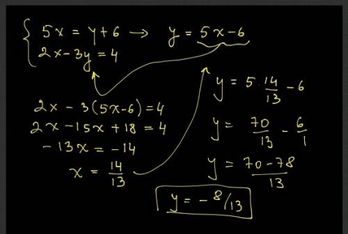 Solve the following system of equations by the substitution method. 5x = y + 6 2x - 3y = 4 what is t