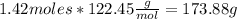 1.42moles*122.45\frac{g}{mol} =173.88 g