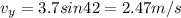 v_y = 3.7 sin42 = 2.47 m/s