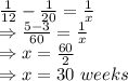 \frac{1}{12}-\frac{1}{20}=\frac{1}{x}\\\Rightarrow \frac{5-3}{60}=\frac{1}{x}\\\Rightarrow x=\frac{60}{2}\\\Rightarrow x=30\ weeks