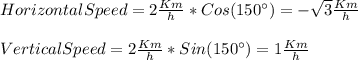 HorizontalSpeed=2\frac{Km}{h} *Cos(150\°)=-\sqrt{3} \frac{Km}{h} \\\\VerticalSpeed=2\frac{Km}{h} *Sin(150\°)=1\frac{Km}{h}