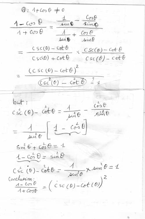 1-cos(theta)/1+cos (theta)=(csc (theta)-cot (theta))^2