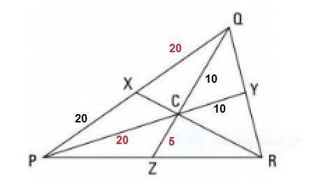 In triangle ∆pqr, c is the centroid. a. if cy = 10, find pc and py b. if qc = 10, find zc and zq c.
