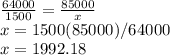 \frac{64000}{1500} =\frac{85000}{x} \\x=1500(85000)/64000\\x=1992.18