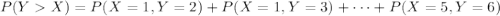 P(YX)=P(X=1,Y=2)+P(X=1,Y=3)+\cdots+P(X=5,Y=6)
