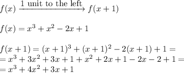f(x) \xrightarrow{\hbox{1 unit to the left}} f(x+1) \\ \\&#10;f(x)=x^3+x^2-2x+1 \\ \\&#10;f(x+1)=(x+1)^3+(x+1)^2-2(x+1)+1= \\&#10;=x^3+3x^2+3x+1+x^2+2x+1-2x-2+1= \\&#10;=x^3+4x^2+3x+1