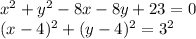 x^{2} + y^{2} -8x-8y+23=0 \\ (x-4) ^{2} +(y-4)^{2} = 3^{2}
