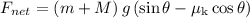 {F_{net}} = \left( {m + M} \right)g\left( {\sin \theta- {\mu _{\text{k}}}\cos \theta } \right)