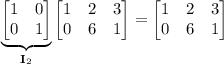 \underbrace{\begin{bmatrix}1&0\\0&1\end{bmatrix}}_{\mathbf I_2}\begin{bmatrix}1&2&3\\0&6&1\end{bmatrix}=\begin{bmatrix}1&2&3\\0&6&1\end{bmatrix}