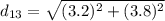 d_{13} = \sqrt{(3.2)^{2} +(3.8)^{2} }