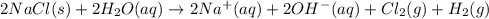 2NaCl(s)+2H_2O(aq)\rightarrow 2Na^+(aq)+2OH^-(aq)+Cl_2(g)+H_2(g)