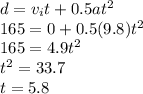 d=v_it+0.5at^2\\165=0+0.5(9.8)t^2\\165=4.9t^2\\t^2=33.7\\t=5.8