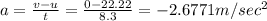 a=\frac{v-u}{t}=\frac{0-22.22}{8.3}=-2.6771m/sec^2