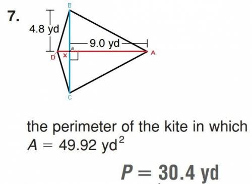 The perimeter of the kite in which a= 49.92yd2  the answer is on this file but i want an explanation
