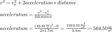 v^{2} =v_{o}^{2} +2acceleration*distance\\\\acceleration=\frac{v^{2}-v_{o}^{2} }{2distance} \\\\acceleration=\frac{(43.81\frac{m}{s})^{2} -0}{2*1.7m}=\frac{1919.32\frac{m^{2} }{s^{2} } }{3.4m}=564.50\frac{m}{s^{2} } \\\\