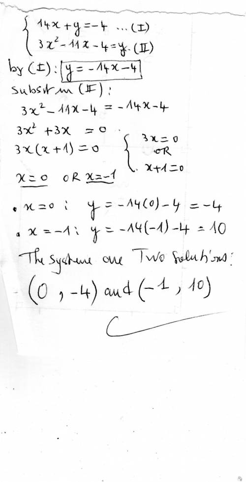 Solve system of equations 14x + y = -4 and y = 3x^2 - 11x - 4