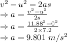 v^2-u^2=2as\\\Rightarrow a=\frac{v^2-u^2}{2s}\\\Rightarrow a=\frac{11.88^2-0^2}{2\times 7.2}\\\Rightarrow a=9.801\ m/s^2