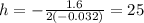 h=-\frac{1.6}{2(-0.032)}=25