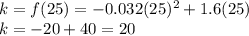 k=f(25)=-0.032(25)^{2} +1.6(25)\\k=-20+40=20