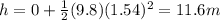 h=0+\frac{1}{2}(9.8)(1.54)^2=11.6 m