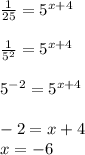 \frac{1}{25} =5^{x+4}&#10;\\&#10;\\ \frac{1}{5^2}=5^{x+4}&#10;\\&#10;\\5^{-2}=5^{x+4}&#10;\\&#10;\\-2=x+4&#10;\\x=-6