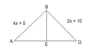 In the isosceles triangle below, if bd is the perpendicular bisector of ad what is the value of x?