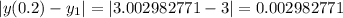 |y(0.2)-y_{1}|=|3.002982771-3|=0.002982771