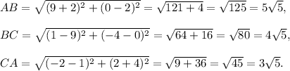 AB=\sqrt{(9+2)^2+(0-2)^2}=\sqrt{121+4}=\sqrt{125}=5\sqrt5,\\\\BC=\sqrt{(1-9)^2+(-4-0)^2}=\sqrt{64+16}=\sqrt{80}=4\sqrt5,\\\\CA=\sqrt{(-2-1)^2+(2+4)^2}=\sqrt{9+36}=\sqrt{45}=3\sqrt5.