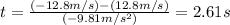 t=\frac{(-12.8m/s)-(12.8m/s)}{(-9.81m/s^2)}=2.61s