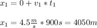 x_{1}=0+v_{1}*t_{1}\\\\x_{1}=4.5\frac{m}{s}*900s=4050m