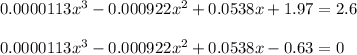 0.0000113x^3 -0.000922x^2 +0.0538x +1.97=2.6 \\  \\ 0.0000113x^3 -0.000922x^2 +0.0538x -0.63=0
