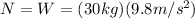 N=W=(30 kg)(9.8 m/s^{2})