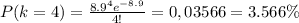 P( k=4 )=\frac{8.9^{4}e^{-8.9}}{4!}=0,03566 =3.566\%