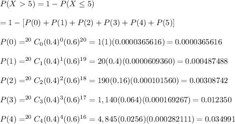 P(X \ \textgreater \ 5) = 1 - P(X \leq 5) \\ \\ =1-[P(0)+P(1)+P(2)+P(3)+P(4)+P(5)]  \\  \\ P(0)=^{20}C_0(0.4)^0(0.6)^{20}=1(1)(0.0000365616)=0.0000365616 \\  \\ P(1)=^{20}C_1(0.4)^1(0.6)^{19}=20(0.4)(0.0000609360)=0.000487488 \\  \\ P(2)=^{20}C_2(0.4)^2(0.6)^{18}=190(0.16)(0.000101560)=0.00308742 \\  \\ P(3)=^{20}C_3(0.4)^3(0.6)^{17}=1,140(0.064)(0.000169267)=0.012350 \\  \\ P(4)=^{20}C_4(0.4)^4(0.6)^{16}=4,845(0.0256)(0.000282111)=0.034991