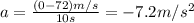 a=\frac{(0-72)m/s}{10s}=-7.2m/s^2